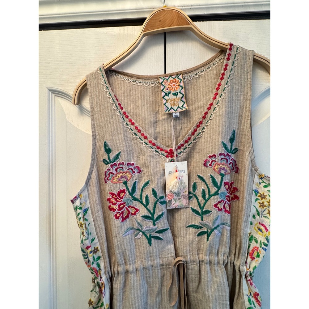 Johnny Was Sloane Drawstring Tank Dress Linen Floral Embroidered Midi Tan Small - Picture 4 of 9